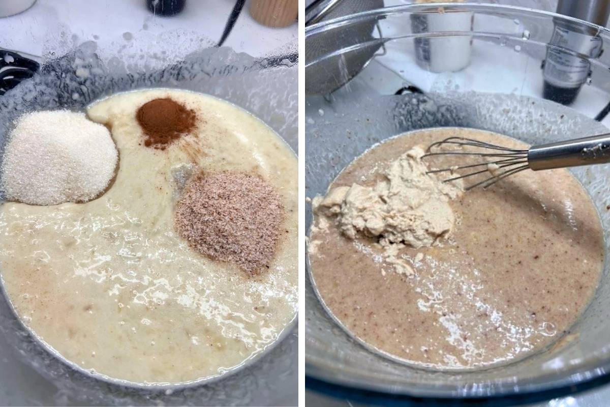 Mixing wet ingredients for sourdough banana bread with psyllium, sugar, salt and cinnamon