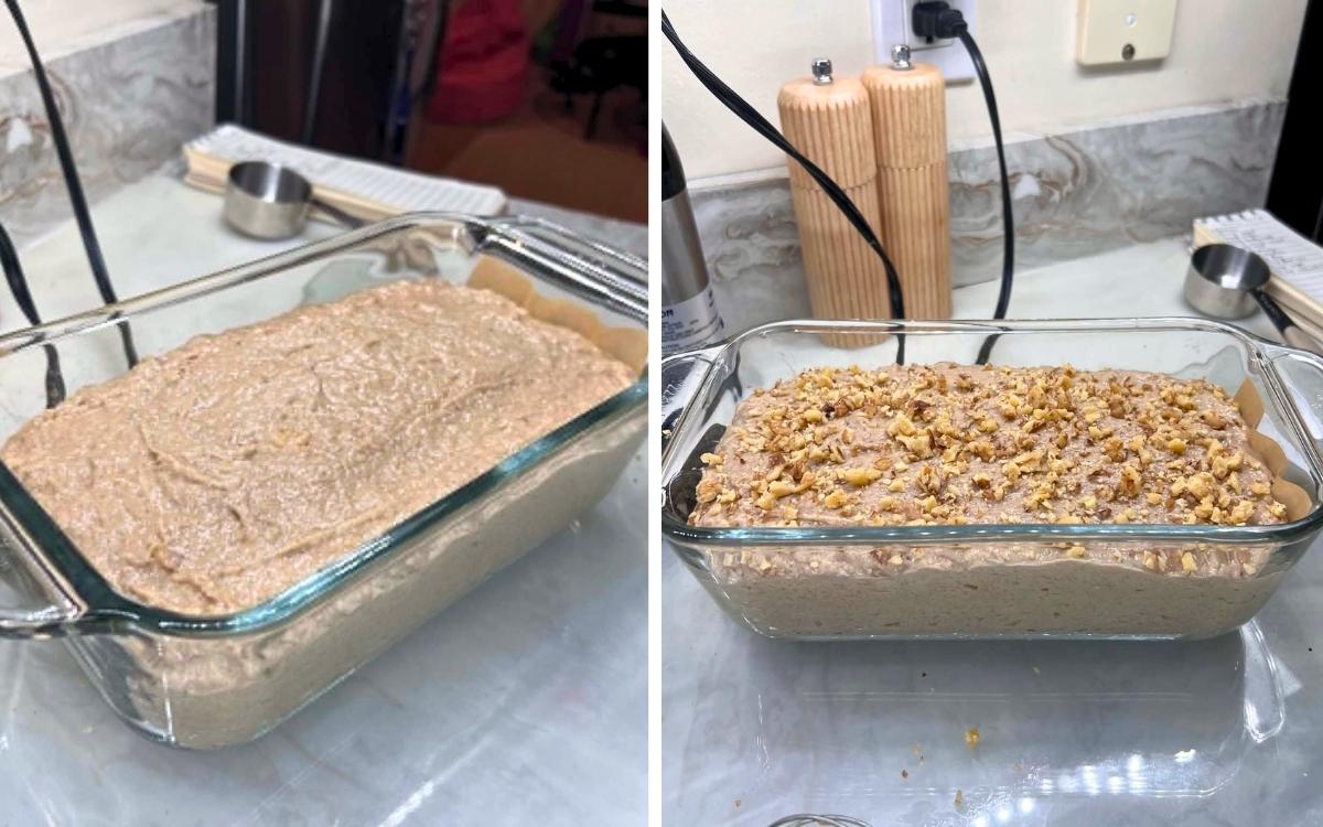 Sourdough banana bread in a pan before and after baking.