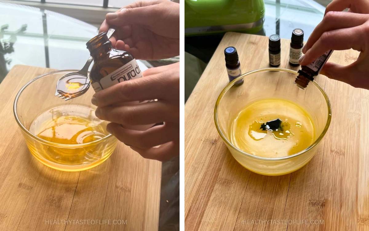 Tallow mixture cooling until slightly cloudy and rosehip oil being added together with essential oils into melted tallow and beeswax