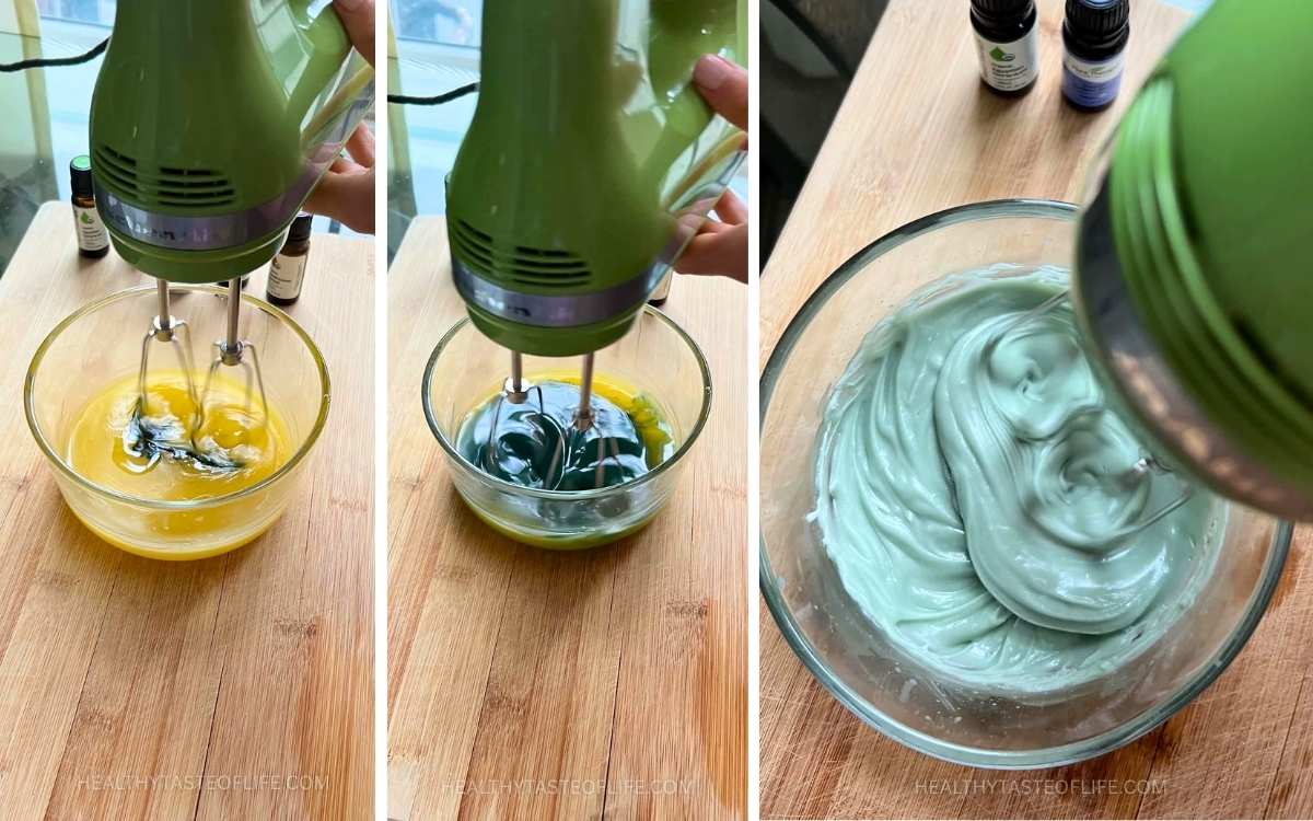 Whipping tallow face cream with a hand mixer until becoming light, fluffy and smooth.