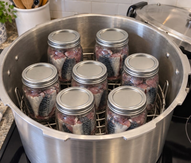 canned mackerel in pressure canner 