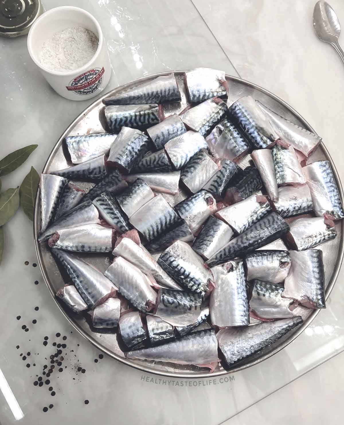 freshly cleaned and cut mackerel