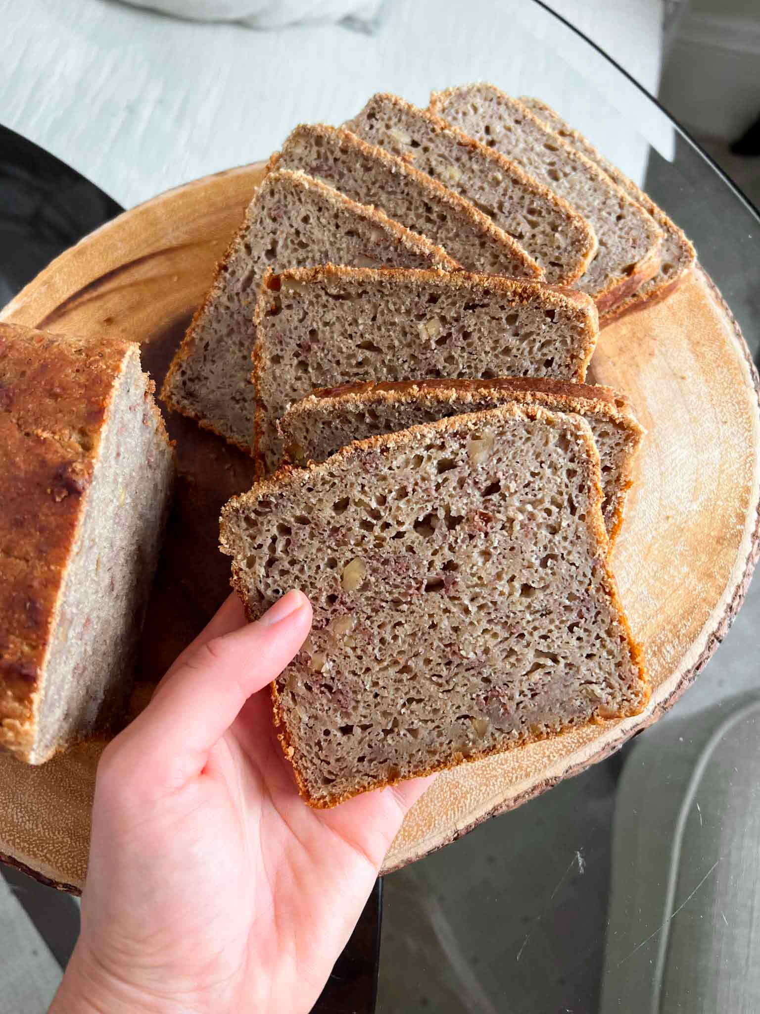 sliced gluten free sourdough banana bread that was naturally fermented showing different texture