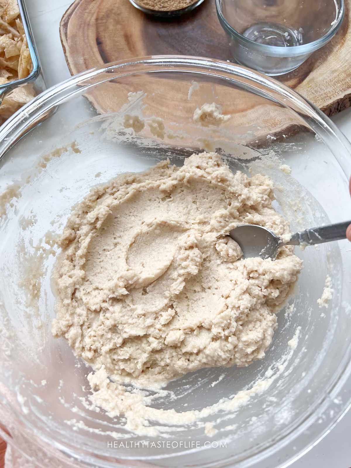 Biscuit batter consistency shown in a bowl when mixed