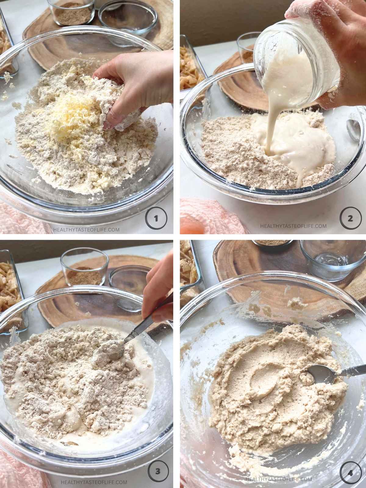 Gluten free biscuit dry ingredients with dairy free grated cold butter and yogurt mixed for apple cobbler topping