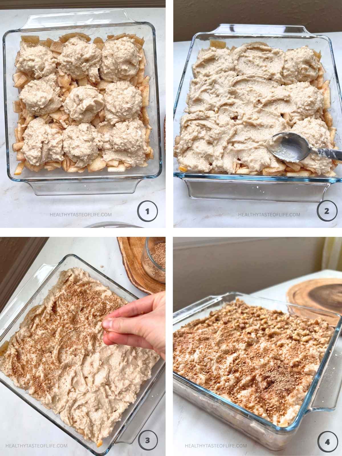 Soft biscuit batter spooned over apple filling sprinkled with coarse cinnamon sugar before baking