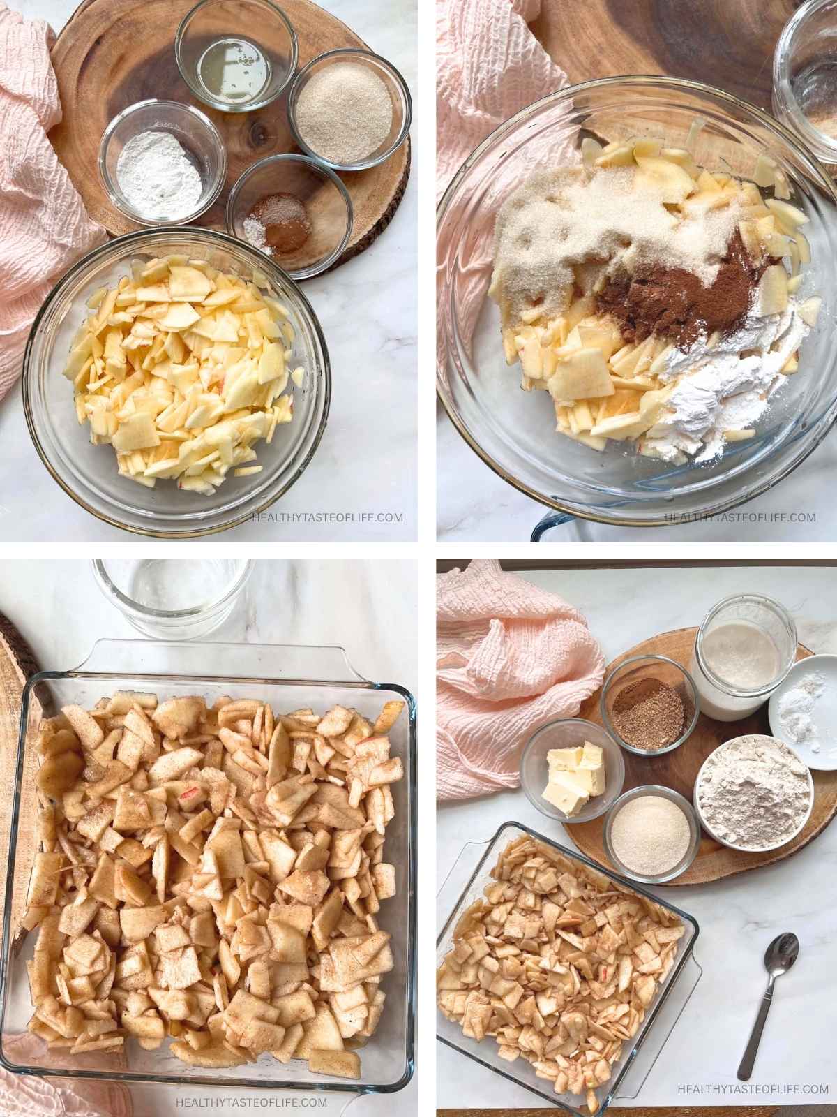 Thinly sliced apples for homemade apple cobbler mixed with cinnamon, lemon juice and arrowroot