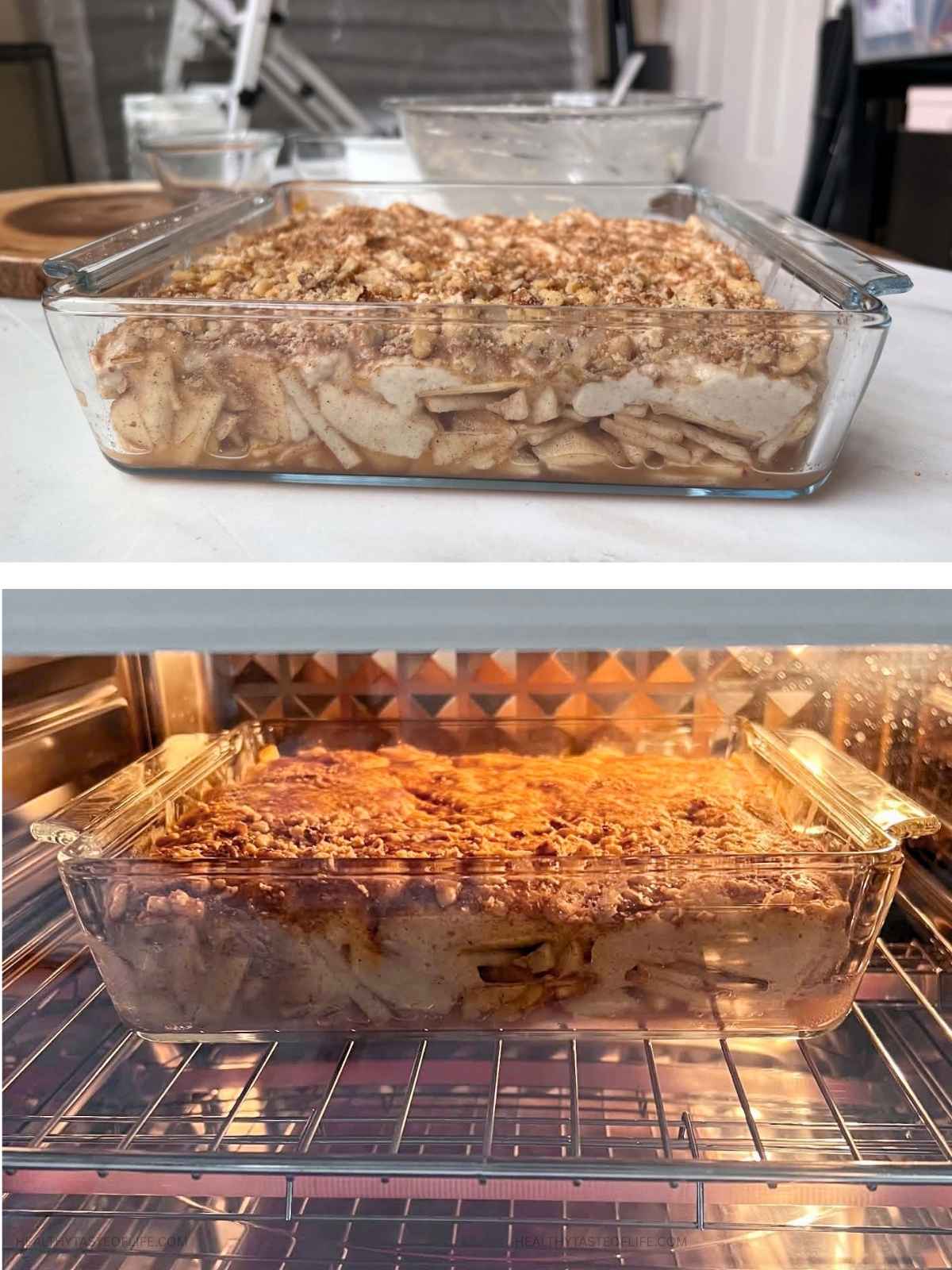 baking process gluten free apple cobbler in a square baking dish showing layers