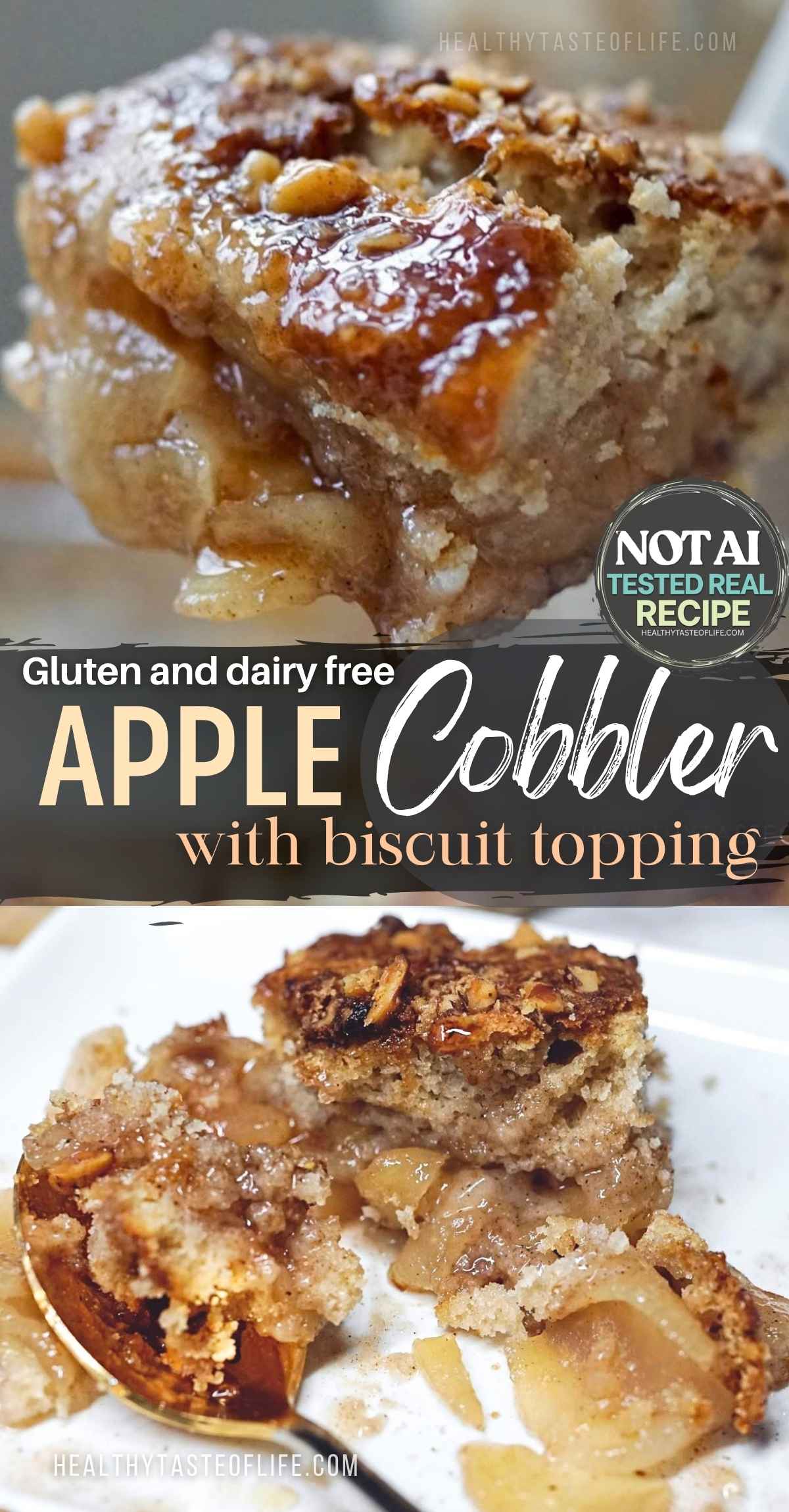 This easy gluten free apple cobbler is made from scratch with fresh cinnamon-spiced apples and a soft, buttery biscuit topping. Dairy free and egg free, with a crisp cinnamon sugar finish, this homemade apple cobbler is a cozy fall dessert for apple season, Thanksgiving, or whenever you're craving an easy baked apple dessert.